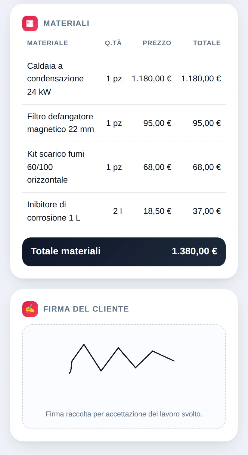 Rapportino del cliente con i materiali usati, il totale e la firma raccolta sul telefono