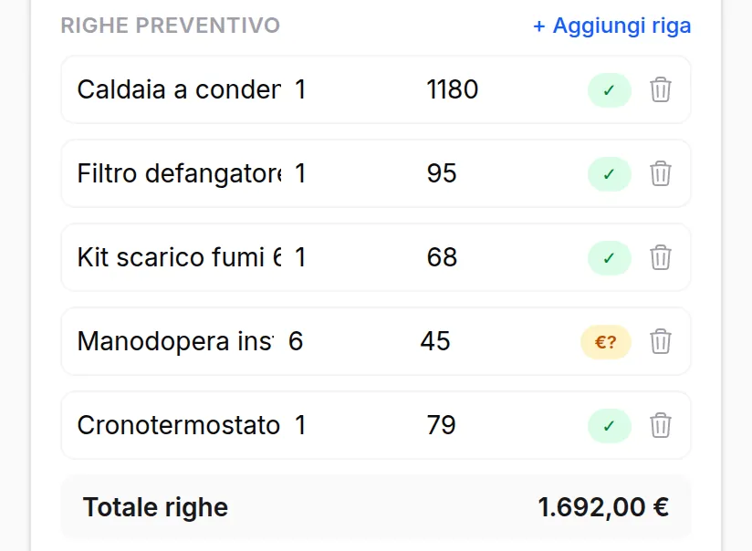 Preventivo a voce in iTER7: righe abbinate al listino (caldaia a condensazione, defangatore, kit scarico fumi, manodopera, cronotermostato) e totale 1.692 euro